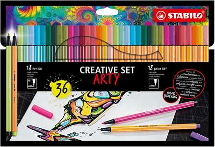 Cartoleria Creative Set STABILO ARTY STABILO point 88 & Pen 68 Astuccio da 36 Colori 17 fineliner point 88, 19 pennarelli Pen 68 Stabilo