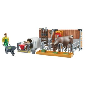 Stalla con mucca e vitellino, allevatore con accessori - Bruder 62611