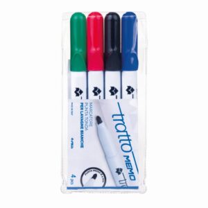 Tratto Memo Marcatore per lavagne bianche, cancellabile a secco. punta tonda. Busta con 4 pezzi. Colori: blu, rosso, nero e verde