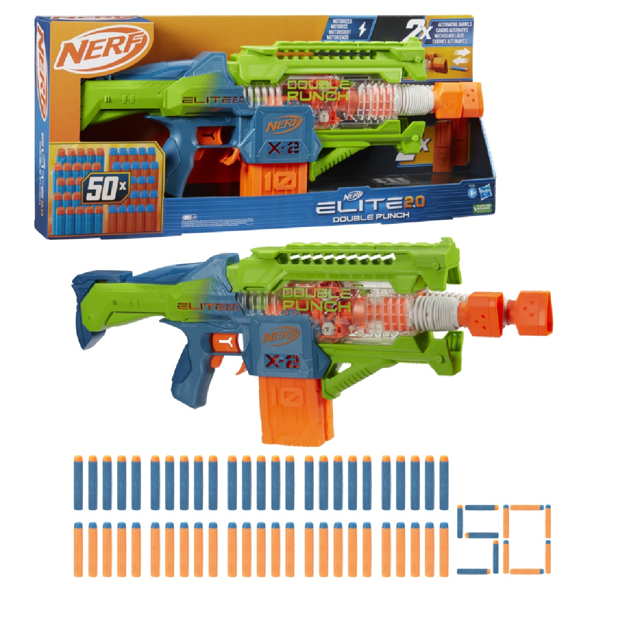 NERF Elite 2.0 Double Punch – Blaster Motorizzato con Doppia Canna, 2 Caricatori e 50 Dardi – F6363EU4 - immagine 3