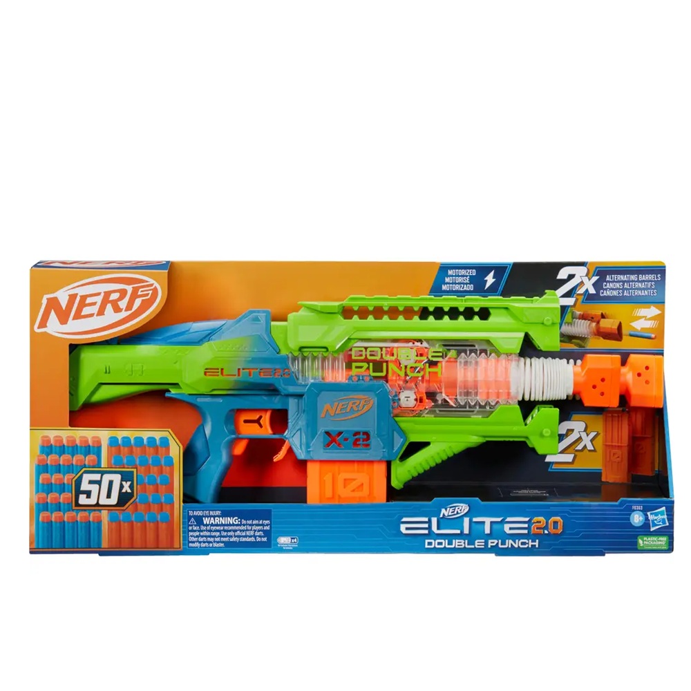 NERF Elite 2.0 Double Punch – Blaster Motorizzato con Doppia Canna, 2 Caricatori e 50 Dardi – F6363EU4 - immagine 4