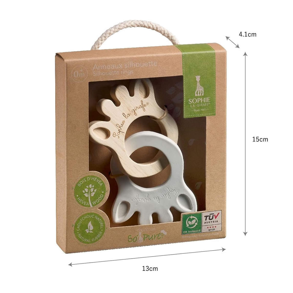 Sophie la girafe - Dentaruolo - 2 Anelli Massaggiagengive Silhouette in Caucciù Naturale e Legno di Hevea – 0 Mesi+ - immagine 3